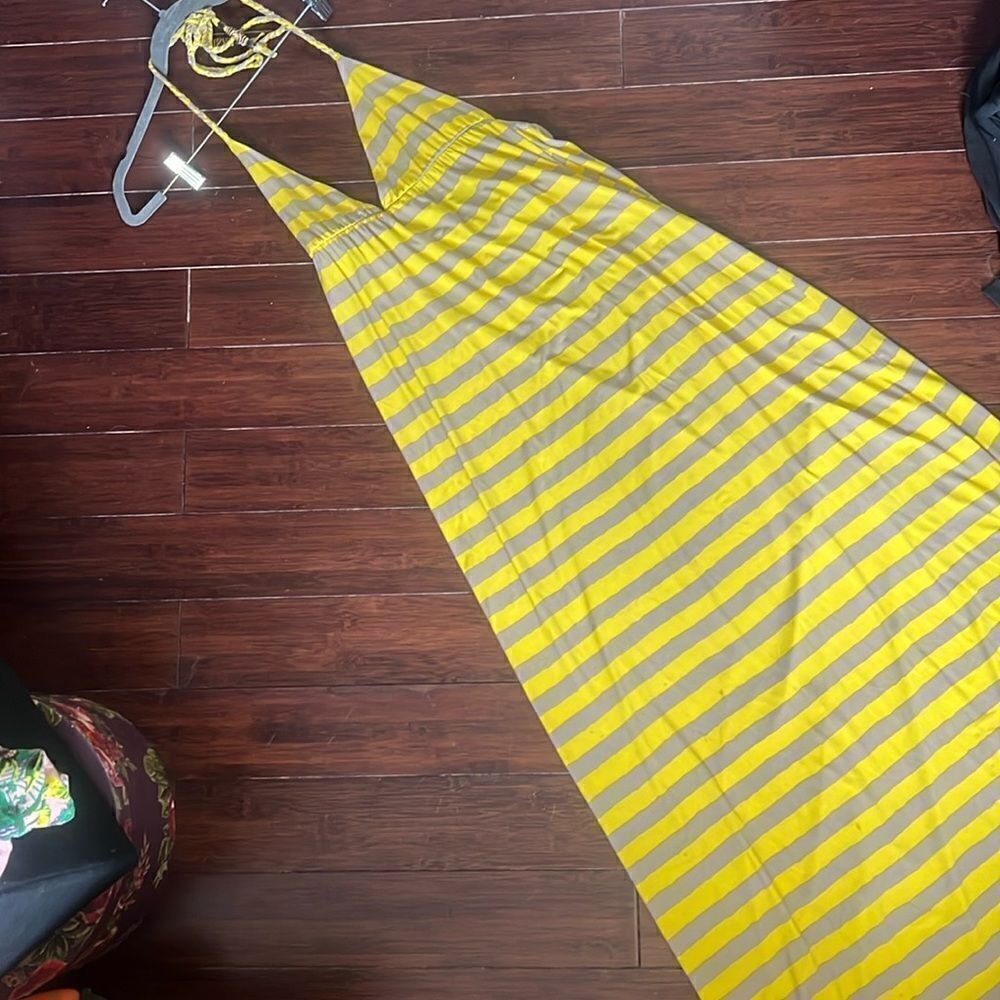 Yellow Maxi Dress - Halter Striped Dress - Beaded